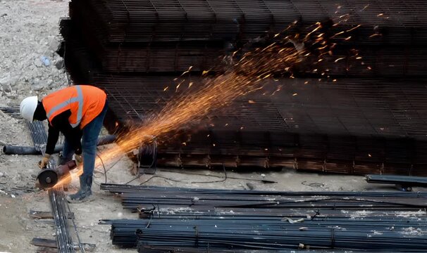 Un ouvrier du b&acirc;timent portant un casque et un gilet orange coupe des barres m&eacute;talliques avec un outil &eacute;lectrique, cr&eacute;ant des &eacute;tincelles sur un chantier