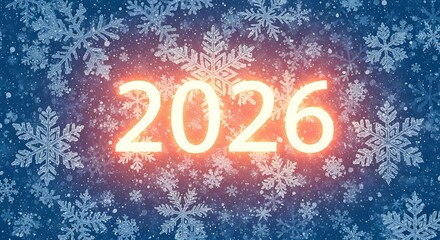 Glowing orange 2026 text on a blue background with winter snowflakes for the new year celebration.