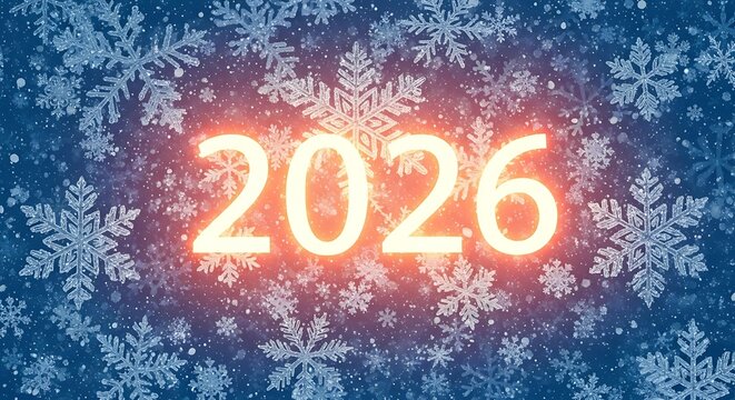 Glowing orange 2026 text on a blue background with winter snowflakes for the new year celebration.