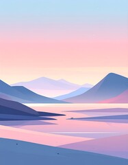 Pastel Serenity - A Minimalist Landscape of Mountains and Water.