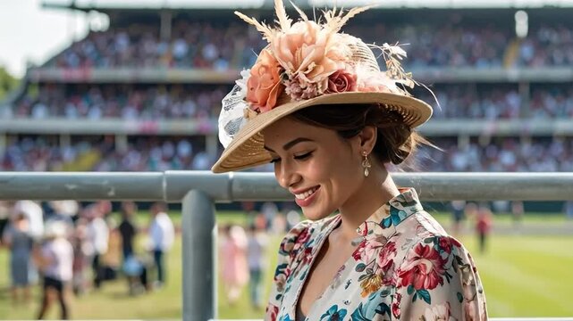 Woman in elegant floral dress and hat at outdoor event, smiling softly