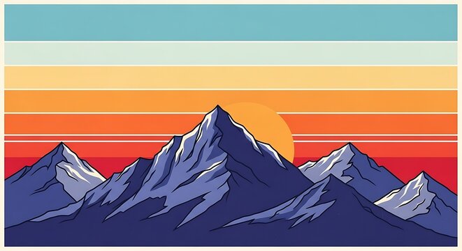 Retro illustration of a mountain range with a sunset in the background, with horizontal stripes.