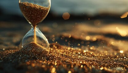 Time running out as golden sand falls in an hourglass. Sunset setting creates a sense of urgency and finality