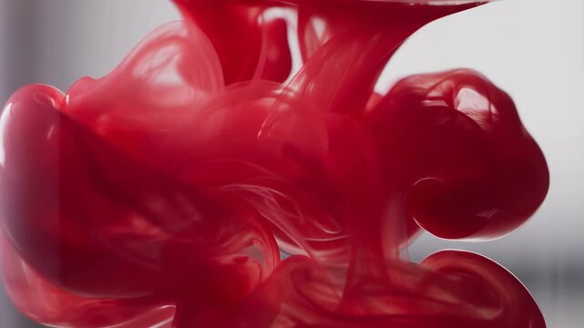 Red ink drop diffusion in clear water, fluid dynamics closeup, smooth swirling patterns, organic color mixing, vibrant red liquid footage