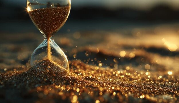 Time running out as golden sand falls in an hourglass. Sunset setting creates a sense of urgency and finality