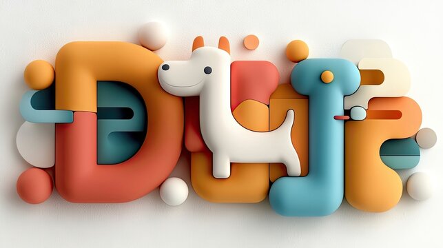 A vibrant 3D illustration featuring the letters "DJ" with a dog character, rendered in a playful and colorful style against a clean white backdrop. - Powered by Adobe