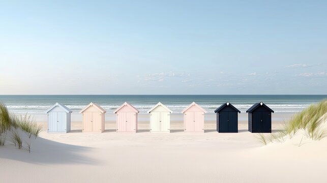 A row of colorful beach huts on a sandy beach with the ocean in the background, under a clear blue sky. The scene is bathed in sunlight.