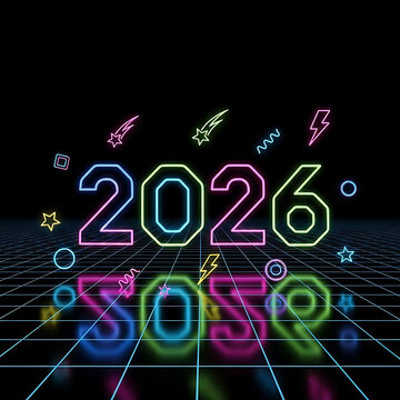 Neon 2026 and 2059 numbers with retro grid and stars