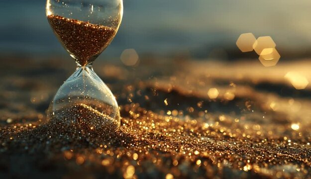 Time running out as golden sand falls in an hourglass. Sunset setting creates a sense of urgency and finality