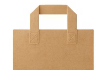 Brown paper shopping bag with handles on transparent background promoting eco-friendly packaging and retail concepts