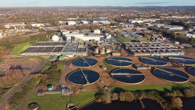 Aerial View of a Large Water Purification facility in the British city of Havant Suburban Landscape