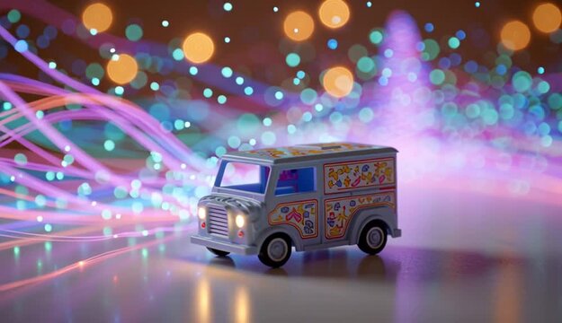 Sparkles drifting across tabletop, toy truck rolling in bearing tree, neon streaks decorating scene