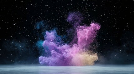Obraz premium Abstract image of colorful powder explosion against a starry background, creating a sense of wonder and cosmic beauty.