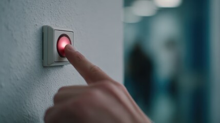 Medium shot of a person pressing a silent emergency alert button on a wall capturing urgency and quick response in a secure setting.