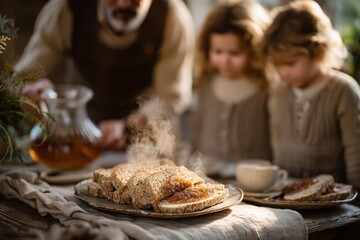Family breakfast tradition, Cozy farmhouse kitchen hosting joyful breakfast gathering, Heartwarming family moment with children and parent sharing breakfast together