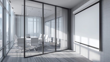 Contemporary futuristic conference interior room with blank plasma on wall and city view. Presentation concept. 3D Rendering