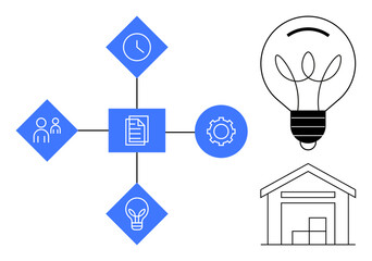 Business strategy, project planning, innovation, teamwork concepts, time management, resource optimization. Diagram with icons of a lightbulb, gear home clock and document. Workflow and innovation