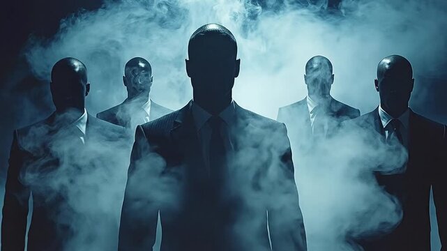 Dramatic silhouette of a powerful team of anonymous businessmen walking forward out of a mysterious cloud of smoke