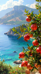 Ripe pomegranates growing on tree by Mediterranean sea