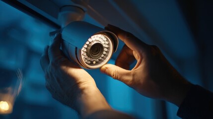 Closeup of hands adjusting lowlight security camera settings indoors focusing on maintenance and calibration for nighttime monitoring.