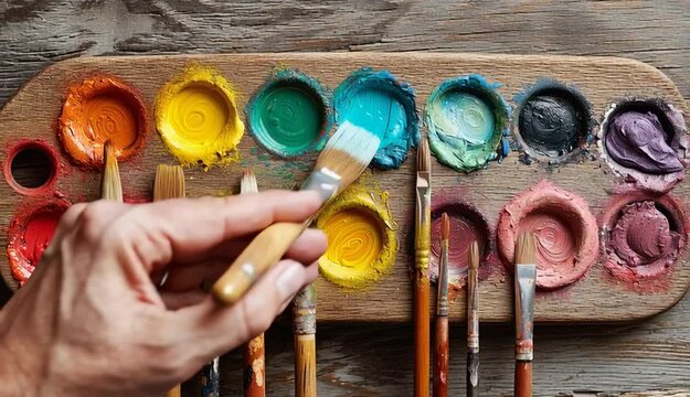 Close-up video of a colorful artist's palette with vibrant paints and brushes on a rustic wooden table, captured from a top-down angle.