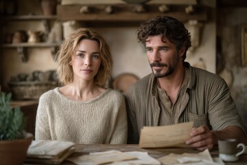 Business owners review paperwork together, Couple discusses loan details at dining table, Rustic kitchen setting with couple finalizing financial documents for loan