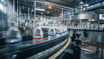 Fototapeta premium Automated bottling line featuring rows of plastic bottles in manufacturing, demonstrating efficiency and industrial production for commercial use, clean process