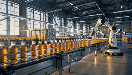 Automated manufacturing line featuring robotic arms assembling bottles, highlighting the seamless blend of technology and efficiency in modern production