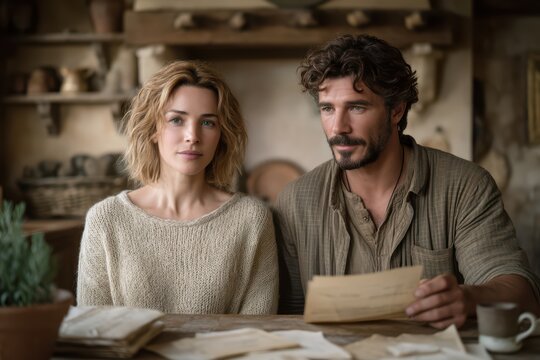 Business owners review paperwork together, Couple discusses loan details at dining table, Rustic kitchen setting with couple finalizing financial documents for loan