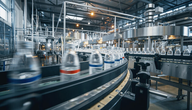 Automated bottling line featuring rows of plastic bottles in manufacturing, demonstrating efficiency and industrial production for commercial use, clean process