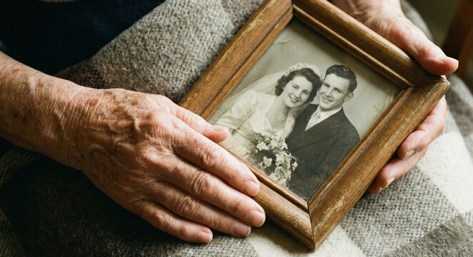 Old Memory's Hold: An elderly person's weathered hands gently cradle a framed black-and-white photograph, a poignant reminder of a past filled with love and lasting connections.
