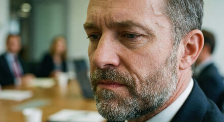 Contemplation in the Boardroom: A close-up portrait of a thoughtful, mature individual in a business setting, possibly deliberating important decisions.