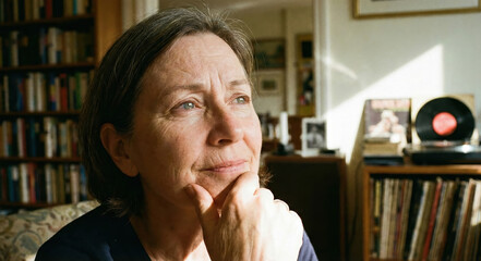  Contemplative Thought: A person, captured in a moment of peaceful contemplation, sunlight gently caressing their face, conveying a sense of serenity.