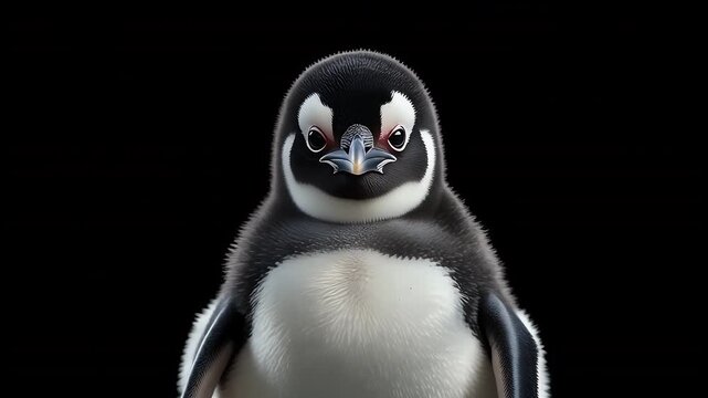 Close Up Portrait of Penguin With Gray White Feathers Isolated on Black Background