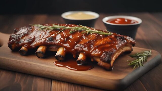 Delicious Roasted Ribs with Rosemary and Sauces on Wooden Cutting Board