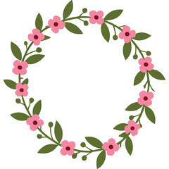 Fototapeta premium Circular Wreath Adorned With Delicate Pink Flowers Lush Green Leaves and Tiny Buds on Black Background