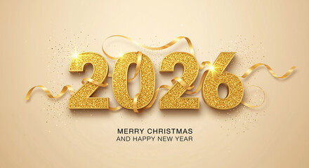 2026 Happy New Year luxury background with golden glitter numbers, festive ribbon, and Christmas greeting.
