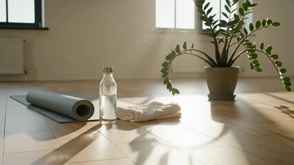 Serene Home Yoga Setup with Mat, Water Bottle, Towel, and Sunlight