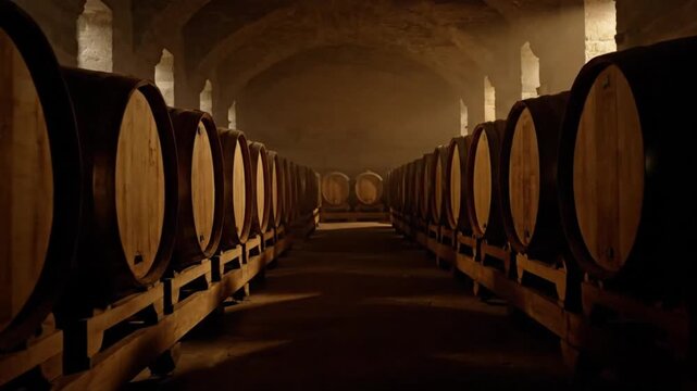 Long rows of oak wine barrels in a rustic, underground wine cellar