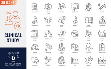 Clinical Study icon set. Research, clinical trial, laboratory, researcher, consent form, medication, experimental, analysis, clinical data and more. Vector illustration
