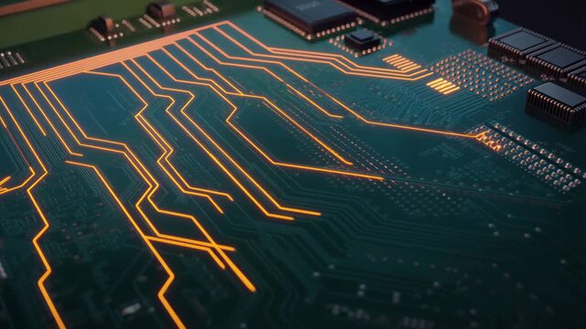 Glowing orange electrical traces lighting up and flowing across a green circuit board, illustrating data flow and electronic pathways