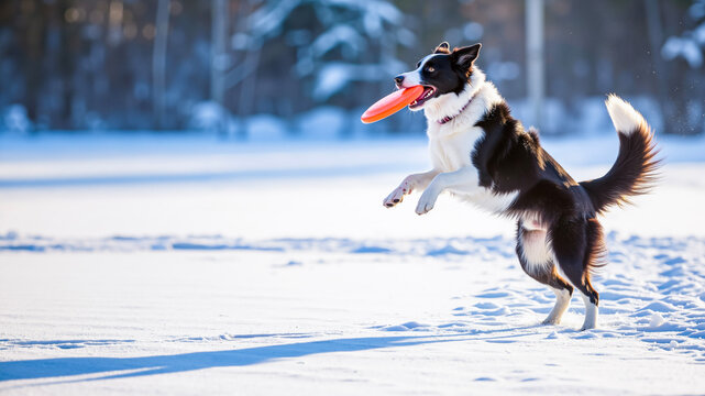 Border Collie jumping for frisbee in snowy landscape   - Powered by Adobe