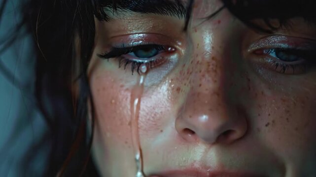 Close up of a young woman crying with tears streaming down her face