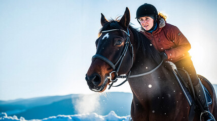 Woman riding a horse in winter landscape with bright sunlight