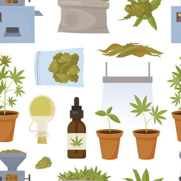 growing cannabis pattern. smoke and consumption weed, Hemp Drug, marihuana cultivation concept. vector cartoon seamless pattern.