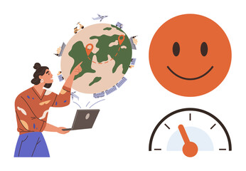 Woman with laptop pointing at world map, icons of travel transport around, smiling face, progress gauge. Ideal for travel, productivity, customer satisfaction, global planning, efficiency