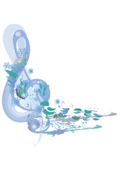 Winter music. Abstract treble clef decorated with snowflakes and notes. Vector illustration.