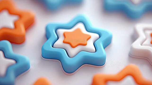 Close-up of colorful star-shaped objects arranged on a white surface. The stars are in blue, orange, and white, with soft lighting.
