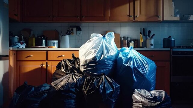 Pile of full trash bags ready for disposal in a kitchen setting, highlighting waste management and household chores