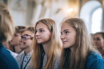 Obraz premium Caucasian teenagers attentively worshiping, Teenage girls focus during religious service, Young females with blonde hair humbly participating in spiritual and peaceful gathering